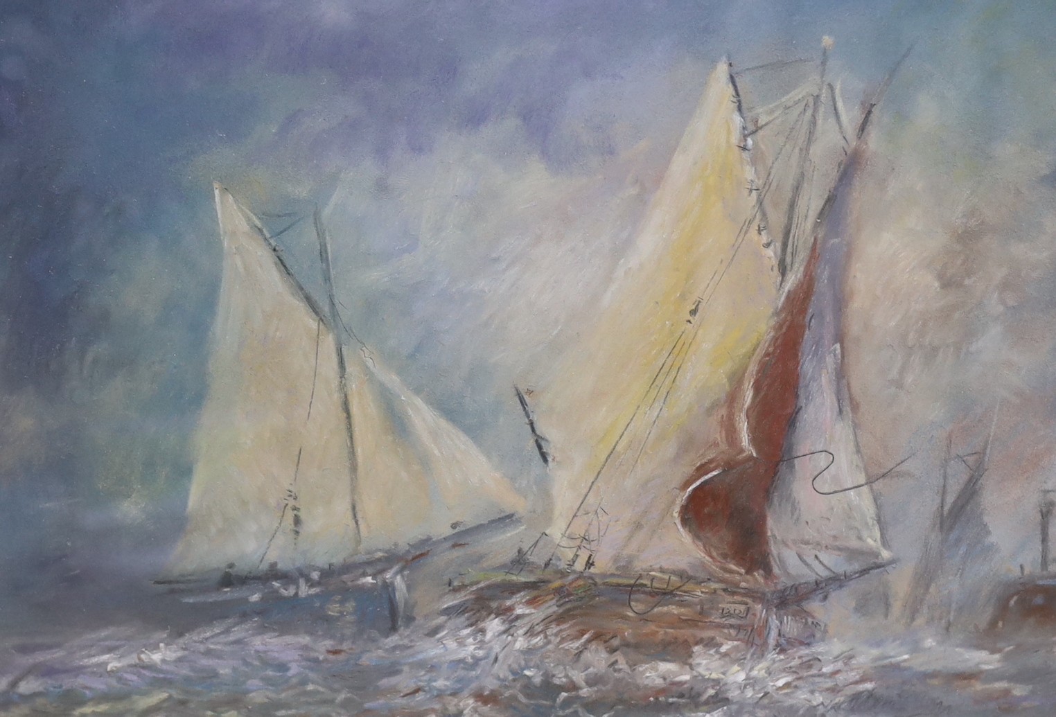 John Moody (b.1948), watercolour, Fishing boats off the coast, label verso, 27 x 38cm